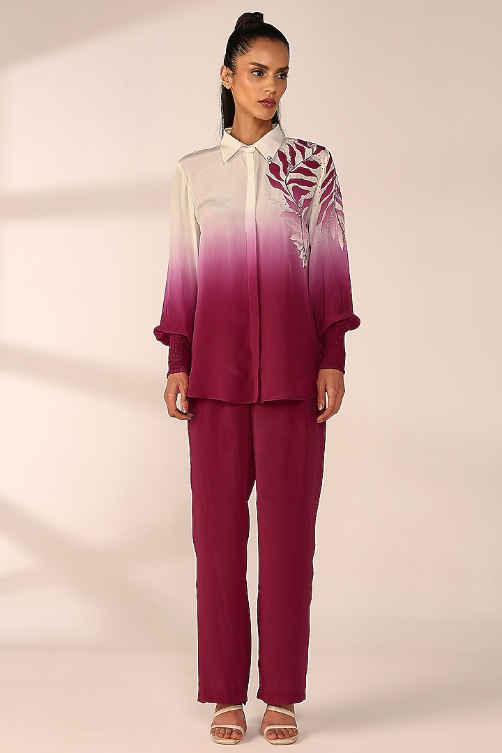 Crimson Red Ombre Crepe Hand Embroidered Co-Ord Set by Sakshi Khetterpal at Pernia's Pop Up Shop