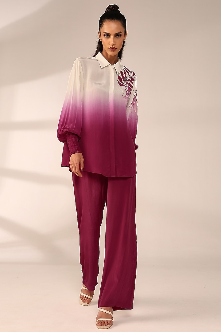 Crimson Red Ombre Crepe Hand Embroidered Co-Ord Set by Sakshi Khetterpal at Pernia's Pop Up Shop