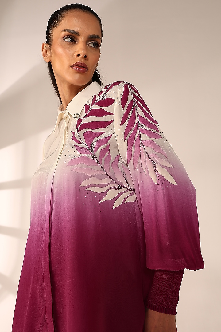 Crimson Red Ombre Crepe Hand Embroidered Co-Ord Set by Sakshi Khetterpal at Pernia's Pop Up Shop