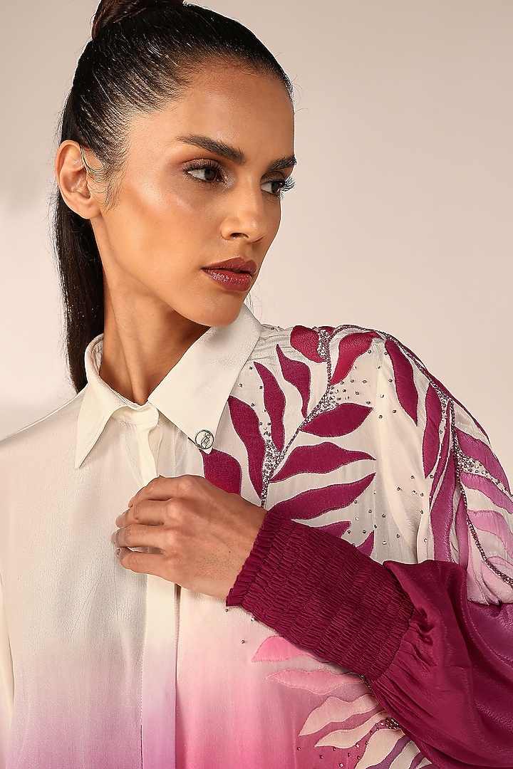 Crimson Red Ombre Crepe Hand Embroidered Co-Ord Set by Sakshi Khetterpal at Pernia's Pop Up Shop