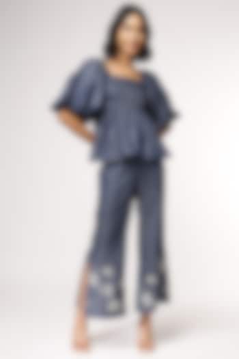 Blue Tencel Denim Embroidered Co-Ord Set by Sakshi Khetterpal at Pernia's Pop Up Shop