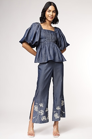 Blue Tencel Denim Embroidered Co-Ord Set by Sakshi Khetterpal