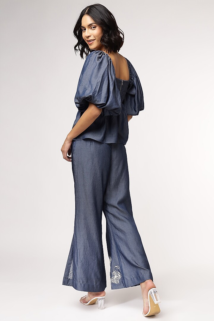 Blue Tencel Denim Embroidered Co-Ord Set by Sakshi Khetterpal at Pernia's Pop Up Shop