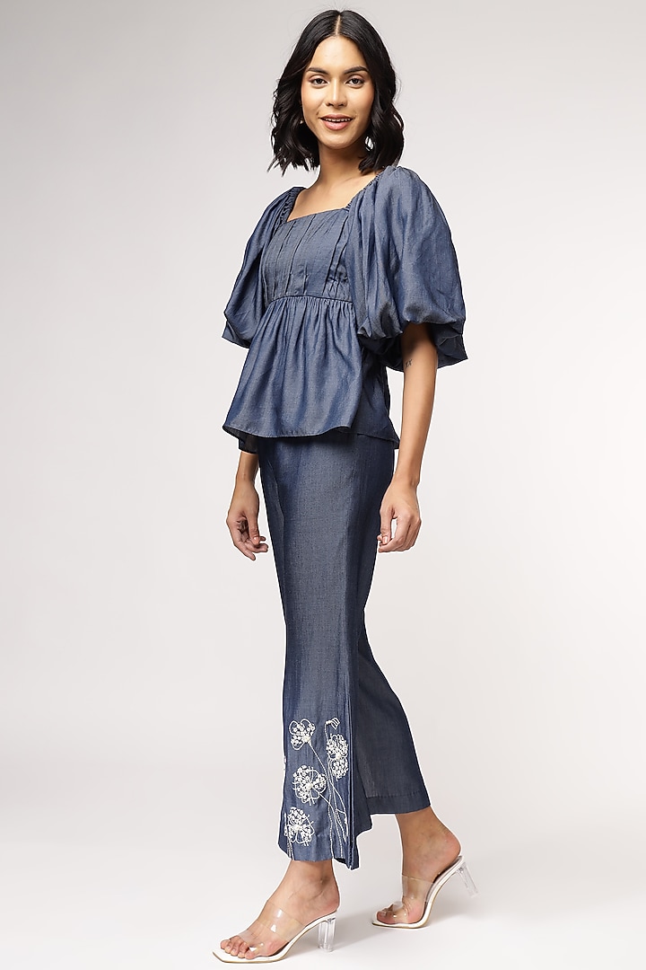 Blue Tencel Denim Embroidered Co-Ord Set by Sakshi Khetterpal at Pernia's Pop Up Shop