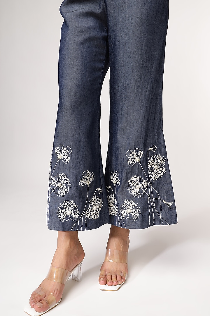 Blue Tencel Denim Embroidered Co-Ord Set by Sakshi Khetterpal at Pernia's Pop Up Shop
