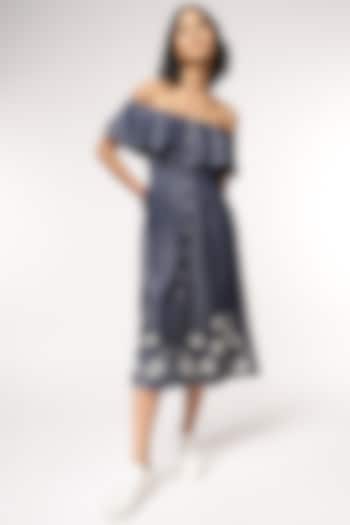 Blue Tencel Denim Embroidered Off-Shoulder Vacation Dress by Sakshi Khetterpal at Pernia's Pop Up Shop