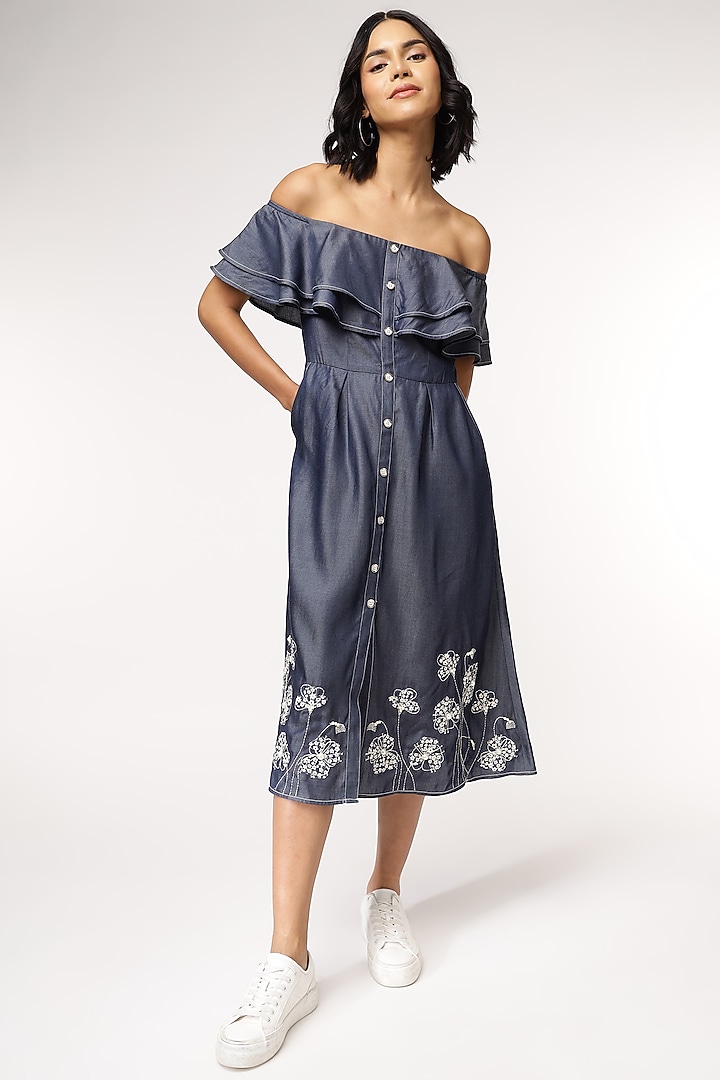 Blue Tencel Denim Embroidered Off-Shoulder Vacation Dress by Sakshi Khetterpal at Pernia's Pop Up Shop
