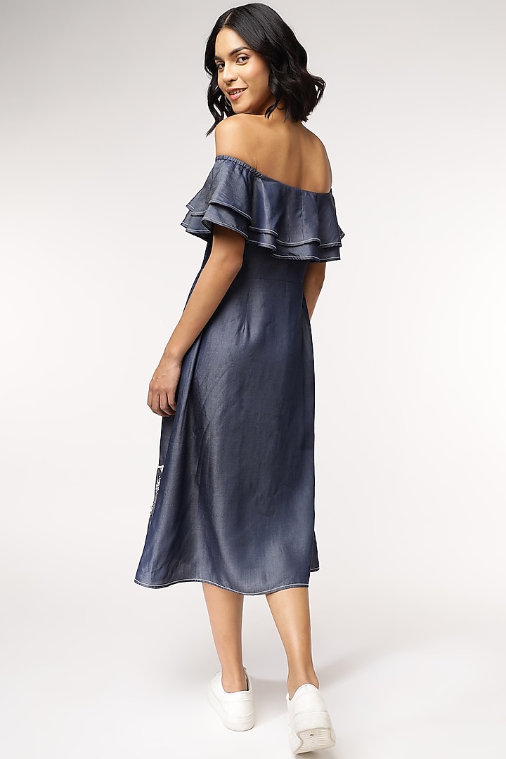 Blue Tencel Denim Embroidered Off-Shoulder Vacation Dress by Sakshi Khetterpal at Pernia's Pop Up Shop