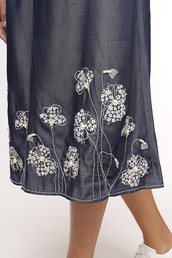 Blue Tencel Denim Embroidered Off-Shoulder Vacation Dress by Sakshi Khetterpal at Pernia's Pop Up Shop