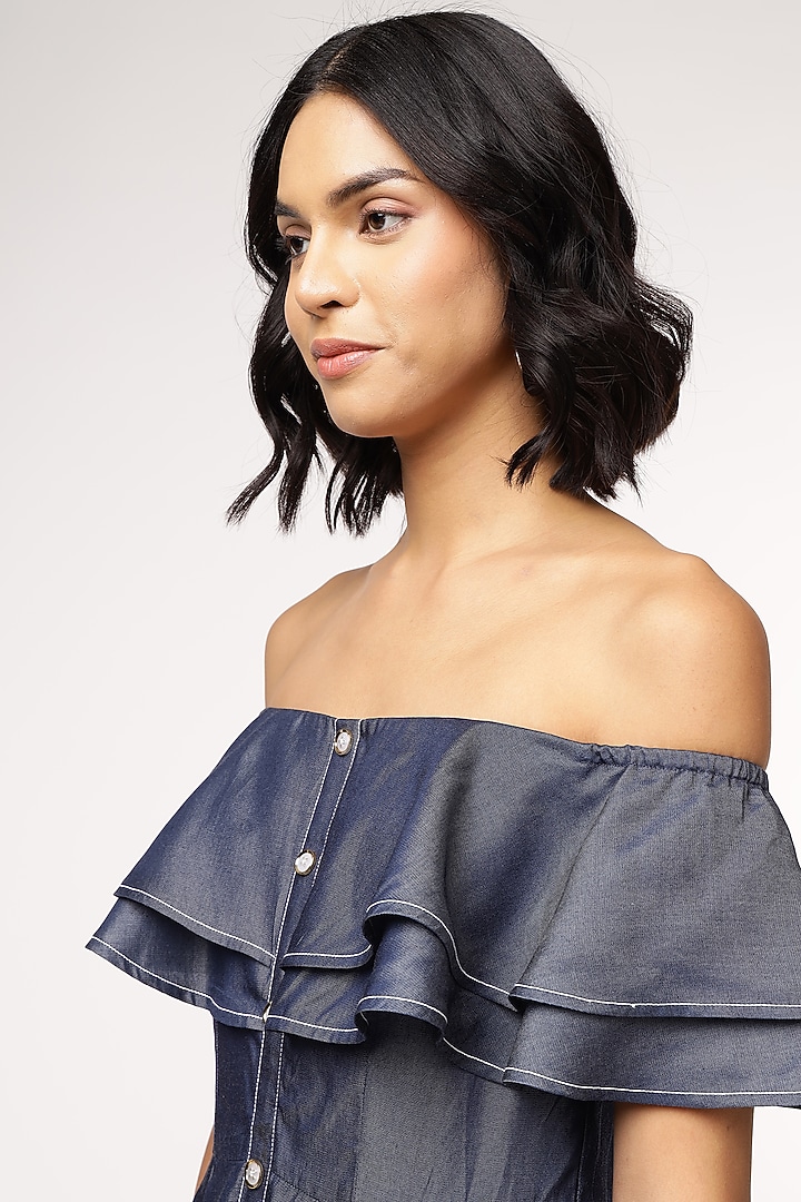 Blue Tencel Denim Embroidered Off-Shoulder Vacation Dress by Sakshi Khetterpal at Pernia's Pop Up Shop