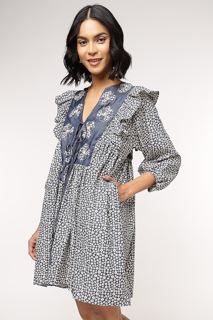 Blue Tencel Denim Floral Printed & Embroidered Mini Vacation Dress by Sakshi Khetterpal at Pernia's Pop Up Shop