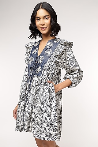 Blue Tencel Denim Floral Printed & Embroidered Mini Dress by Sakshi Khetterpal