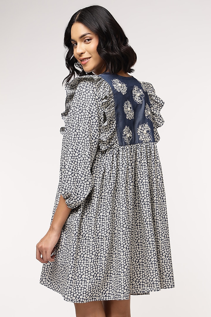 Blue Tencel Denim Floral Printed & Embroidered Mini Vacation Dress by Sakshi Khetterpal at Pernia's Pop Up Shop