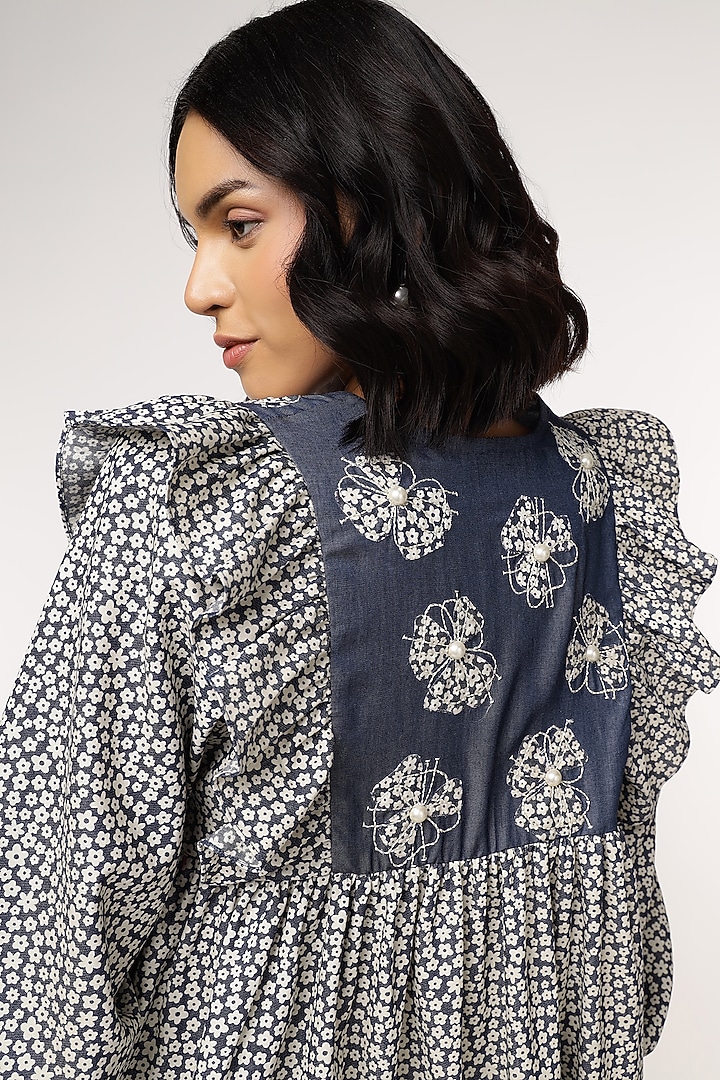 Blue Tencel Denim Floral Printed & Embroidered Mini Vacation Dress by Sakshi Khetterpal at Pernia's Pop Up Shop