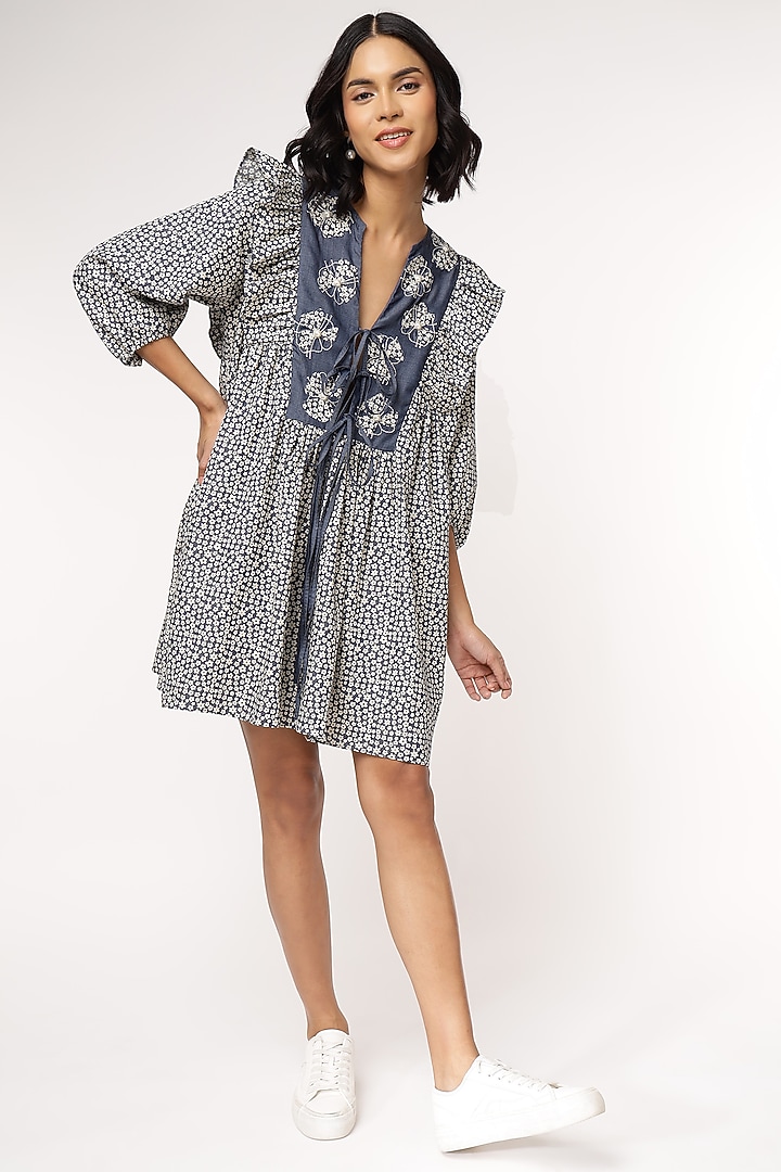 Blue Tencel Denim Floral Printed & Embroidered Mini Vacation Dress by Sakshi Khetterpal at Pernia's Pop Up Shop