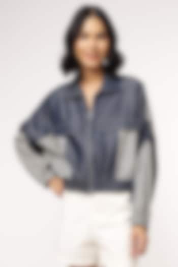 Blue Tencel Denim Floral Printed Bomber Jacket by Sakshi Khetterpal at Pernia's Pop Up Shop