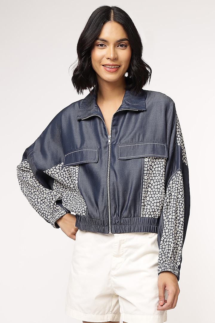 Blue Tencel Denim Floral Printed Bomber Jacket by Sakshi Khetterpal at Pernia's Pop Up Shop