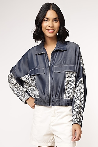 Blue Tencel Denim Floral Printed Bomber Jacket by Sakshi Khetterpal