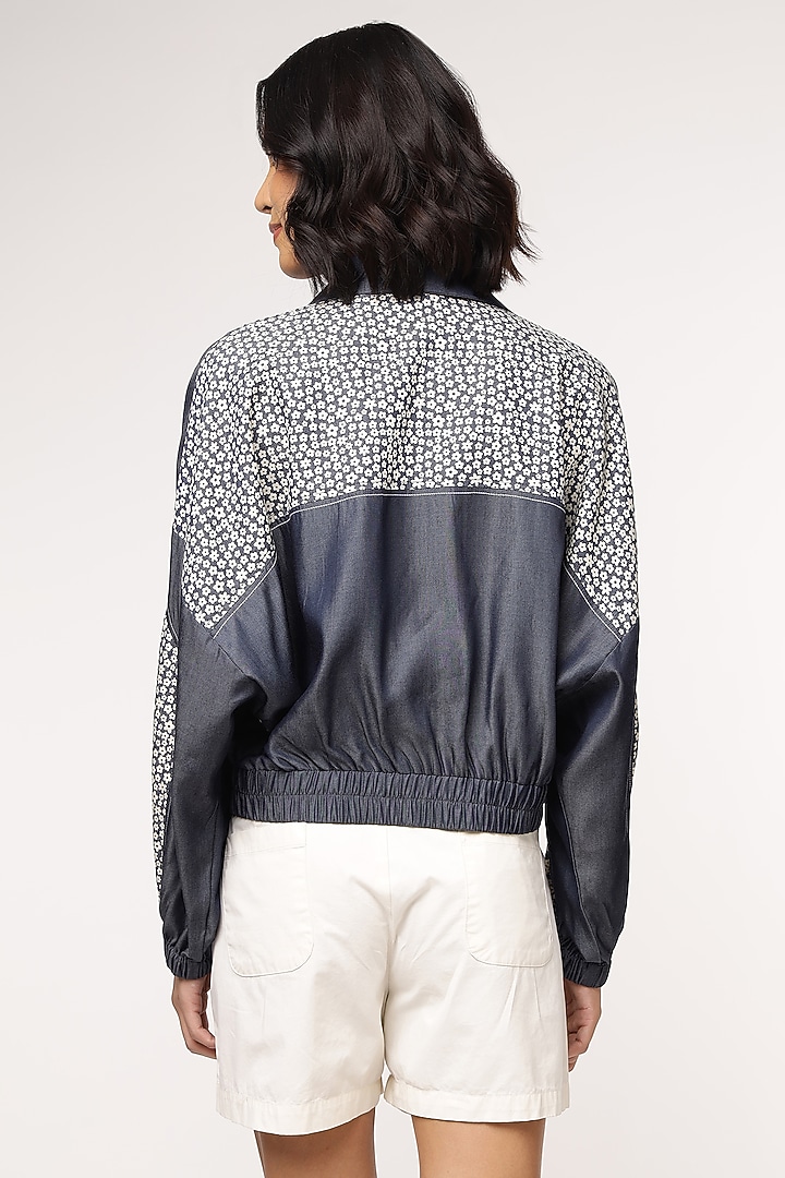 Blue Tencel Denim Floral Printed Bomber Jacket by Sakshi Khetterpal at Pernia's Pop Up Shop