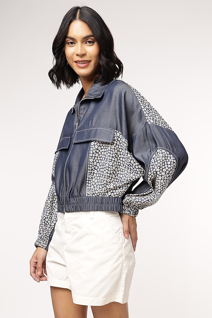 Blue Tencel Denim Floral Printed Bomber Jacket by Sakshi Khetterpal at Pernia's Pop Up Shop