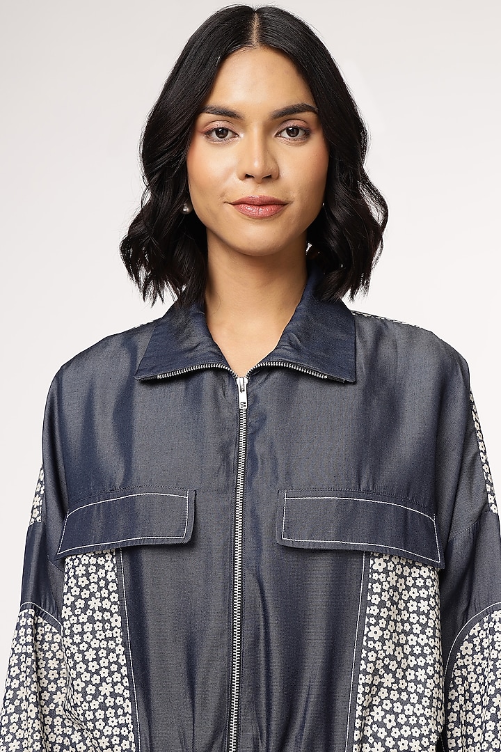 Blue Tencel Denim Floral Printed Bomber Jacket by Sakshi Khetterpal at Pernia's Pop Up Shop