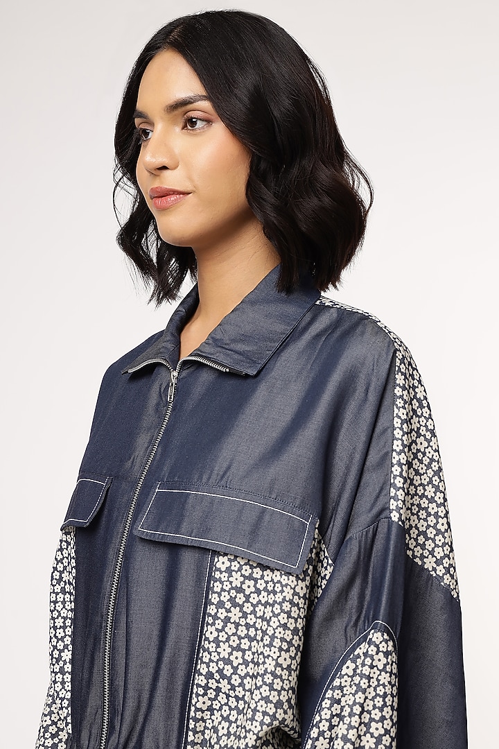 Blue Tencel Denim Floral Printed Bomber Jacket by Sakshi Khetterpal at Pernia's Pop Up Shop