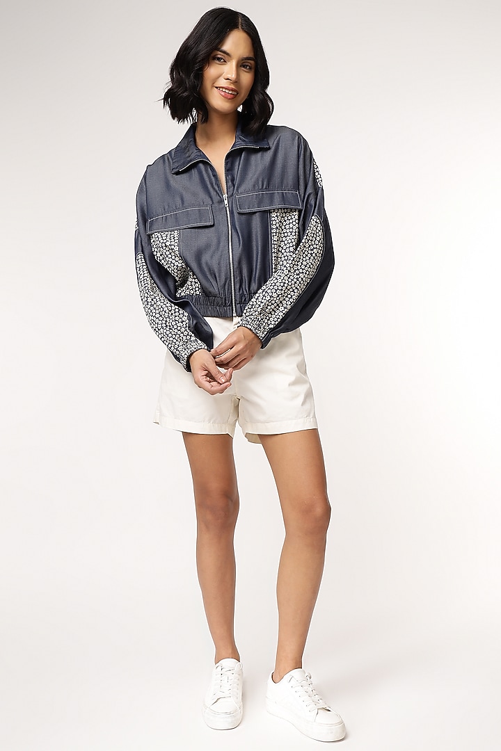 Blue Tencel Denim Floral Printed Bomber Jacket by Sakshi Khetterpal at Pernia's Pop Up Shop