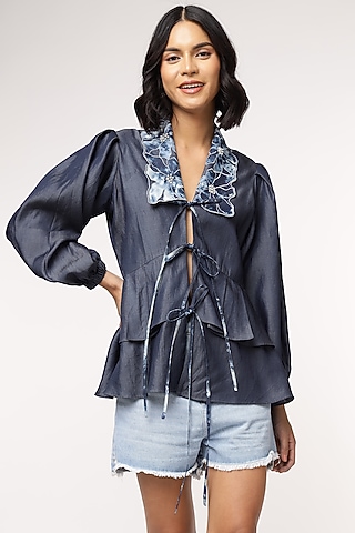 Blue Tencel Denim Peplum Top by Sakshi Khetterpal