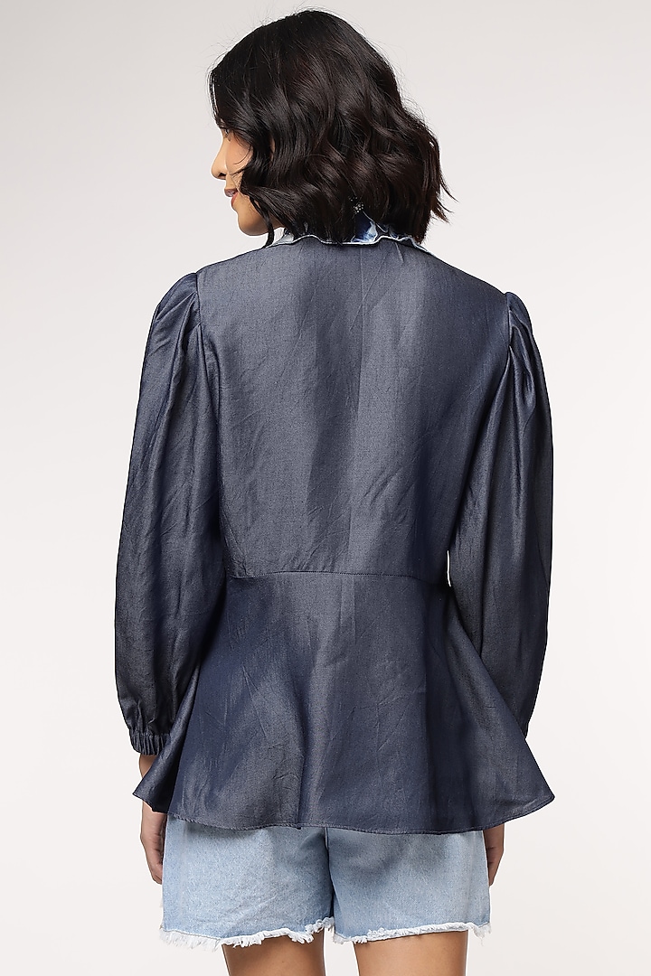 Blue Tencel Denim Peplum Top by Sakshi Khetterpal at Pernia's Pop Up Shop