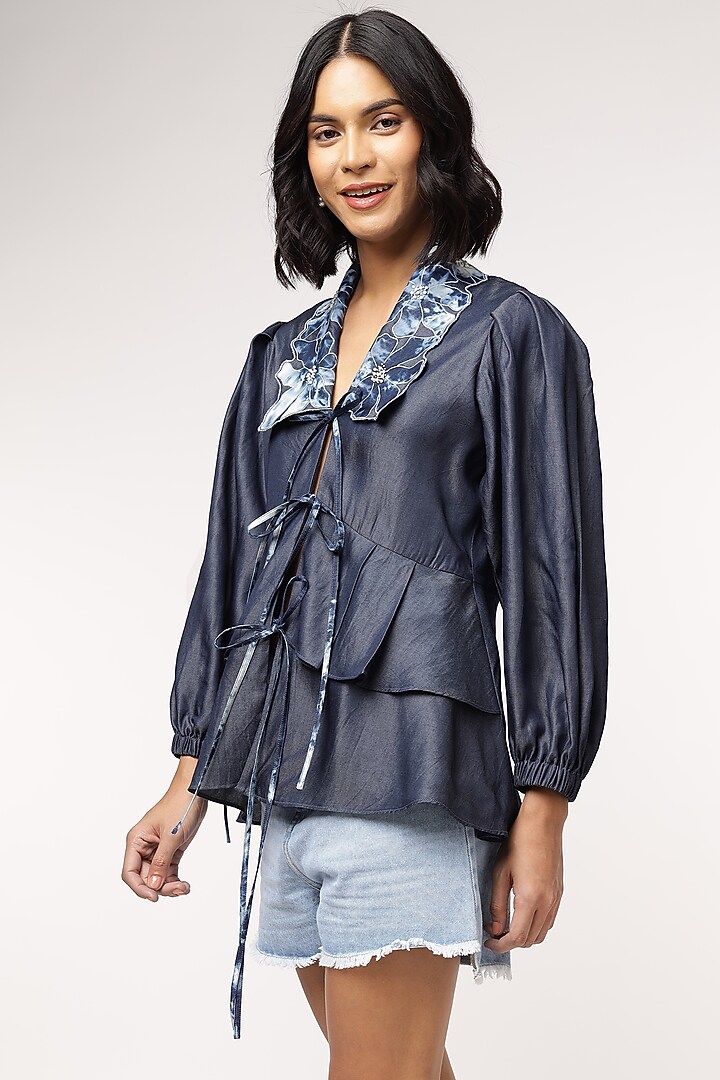 Blue Tencel Denim Peplum Top by Sakshi Khetterpal at Pernia's Pop Up Shop