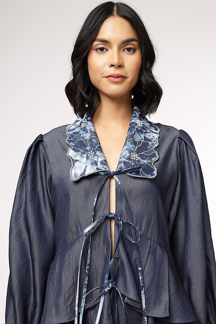 Blue Tencel Denim Peplum Top by Sakshi Khetterpal at Pernia's Pop Up Shop