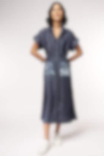 Blue Tencel Denim Floral Embroidered Vacation Dress by Sakshi Khetterpal at Pernia's Pop Up Shop