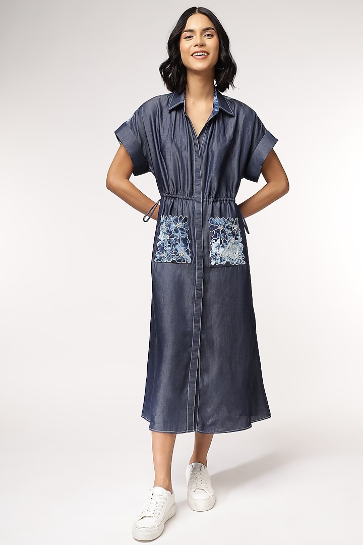 Blue Tencel Denim Floral Embroidered Vacation Dress by Sakshi Khetterpal at Pernia's Pop Up Shop