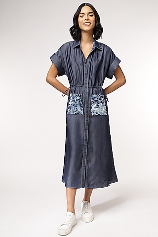 Blue Tencel Denim Floral Embroidered Dress by Sakshi Khetterpal