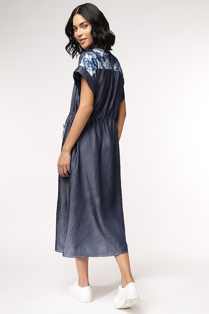Blue Tencel Denim Floral Embroidered Vacation Dress by Sakshi Khetterpal at Pernia's Pop Up Shop