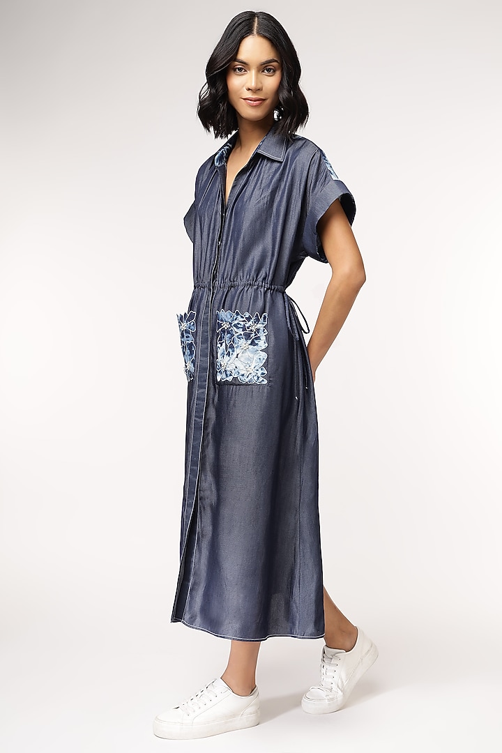 Blue Tencel Denim Floral Embroidered Vacation Dress by Sakshi Khetterpal at Pernia's Pop Up Shop