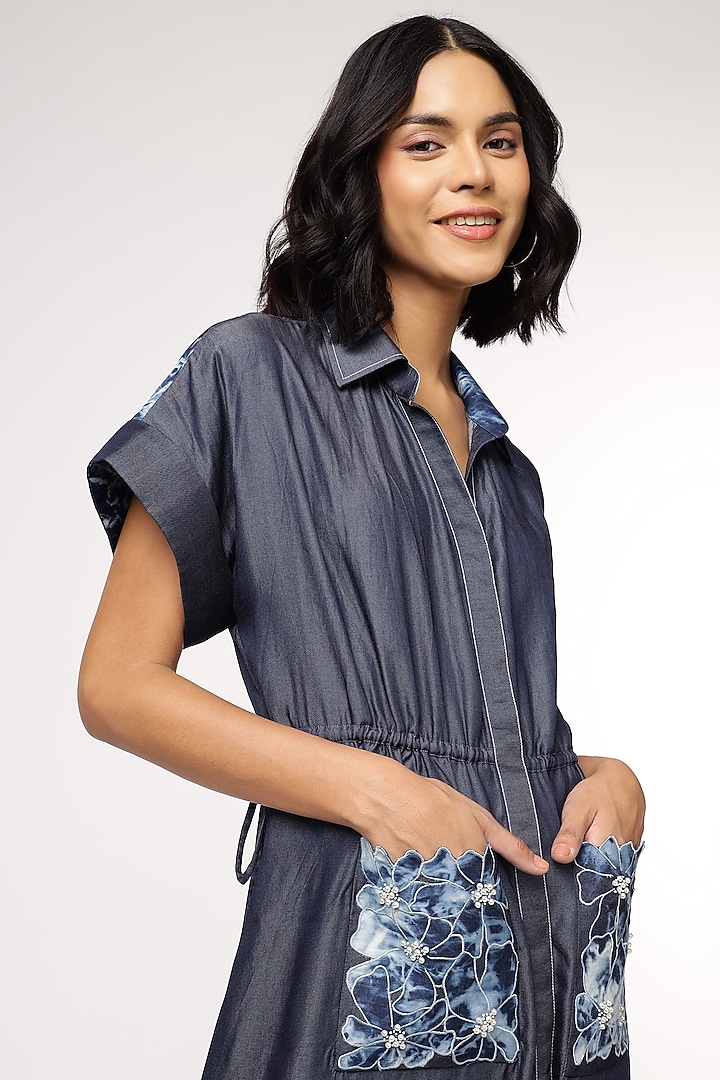 Blue Tencel Denim Floral Embroidered Vacation Dress by Sakshi Khetterpal at Pernia's Pop Up Shop