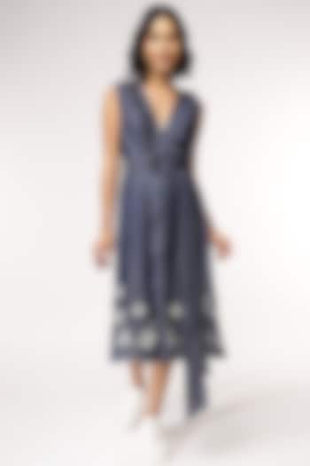 Blue Tencel Denim Embroidered Ruffle Vacation Dress by Sakshi Khetterpal at Pernia's Pop Up Shop