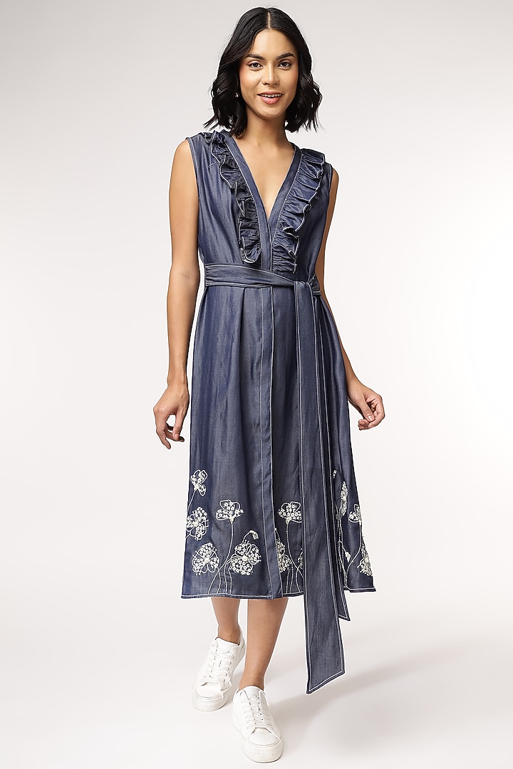 Blue Tencel Denim Embroidered Ruffle Vacation Dress by Sakshi Khetterpal at Pernia's Pop Up Shop