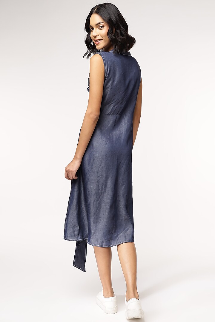 Blue Tencel Denim Embroidered Ruffle Vacation Dress by Sakshi Khetterpal at Pernia's Pop Up Shop
