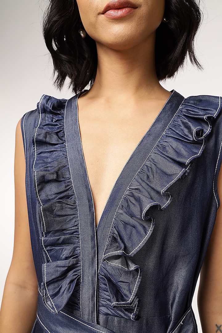 Blue Tencel Denim Embroidered Ruffle Vacation Dress by Sakshi Khetterpal at Pernia's Pop Up Shop