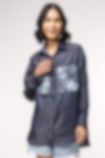 Blue Tencel Denim Embroidered High-Low Shirt by Sakshi Khetterpal at Pernia's Pop Up Shop