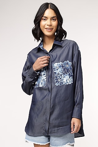 Blue Tencel Denim Embroidered High-Low Shirt by Sakshi Khetterpal