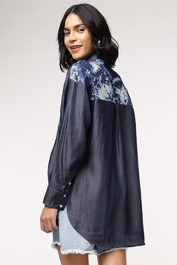 Blue Tencel Denim Embroidered High-Low Shirt by Sakshi Khetterpal at Pernia's Pop Up Shop