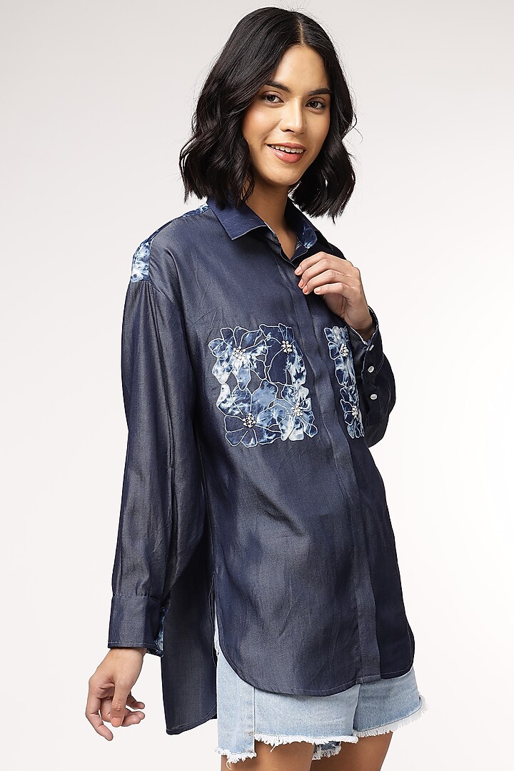Blue Tencel Denim Embroidered High-Low Shirt by Sakshi Khetterpal at Pernia's Pop Up Shop