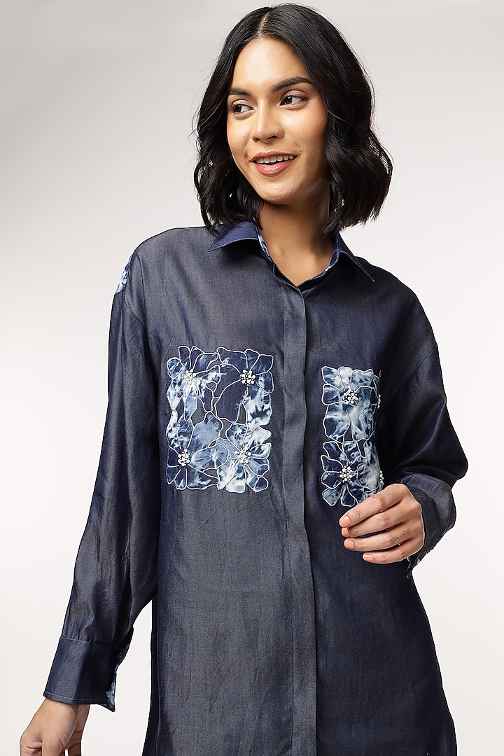 Blue Tencel Denim Embroidered High-Low Shirt by Sakshi Khetterpal at Pernia's Pop Up Shop