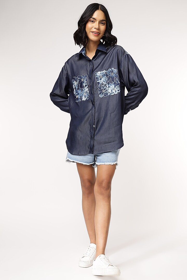 Blue Tencel Denim Embroidered High-Low Shirt by Sakshi Khetterpal at Pernia's Pop Up Shop