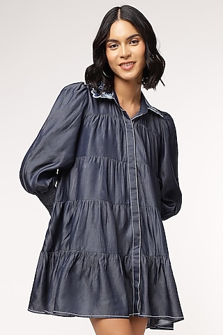 Blue Tencel Denim Tiered Dress by Sakshi Khetterpal