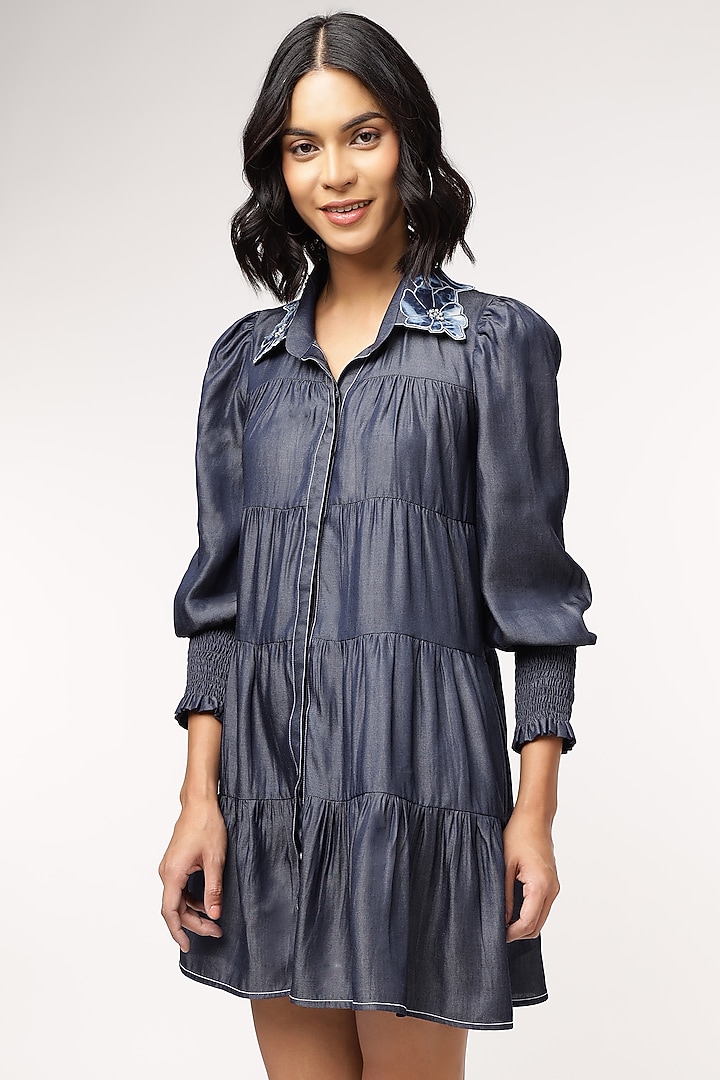 Blue Tencel Denim Tiered Summer Dress by Sakshi Khetterpal at Pernia's Pop Up Shop