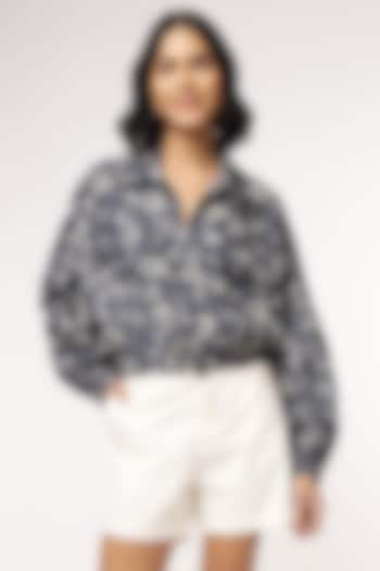 Blue Tencel Denim Heart Printed Bomber Jacket by Sakshi Khetterpal at Pernia's Pop Up Shop